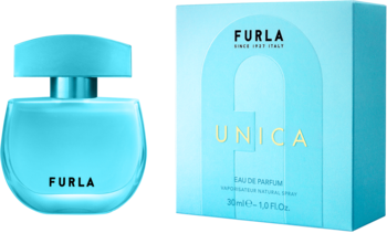 Furla Unica woda perfumowana 2022: turkusowa butelka i pudełko z złotymi napisami, widok z przodu.