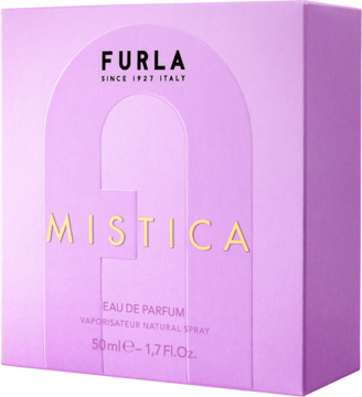 Fioletowe pudełko perfum Furla Mistica 50ml z łukowym wzorem, złotym napisem i logo Furla, widok z przodu.