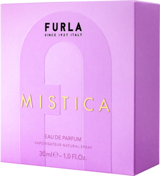 Jasnofioletowe pudełko perfum Furla Mistica 30ml, złoty napis, elegancki design z łukiem, widok z przodu.