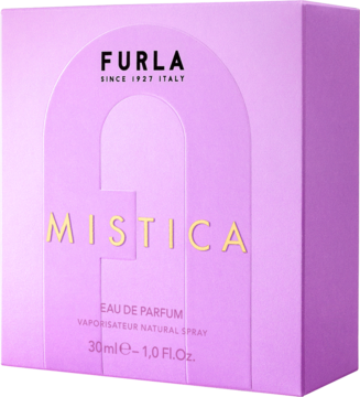 Jasnofioletowe pudełko perfum Furla Mistica 30ml, złoty napis, elegancki design z łukiem, widok z przodu.