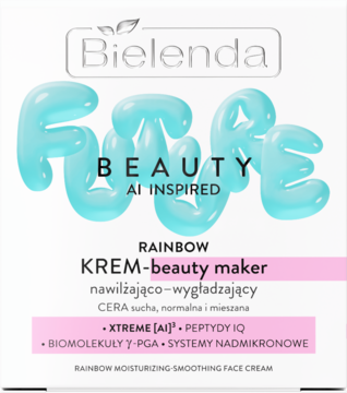 Białe pudełko kremu Bielenda Rainbow beauty maker, nawilżająco-wygładzającego, z bąbelkowym napisem AI INSPIRED.