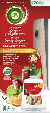 Air Wick odświeżacz automatyczny Fruity Sangria, 70 dni, naturalne olejki, widok z przodu.