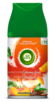 Air Wick Warm Citrus Spritz, wkład do automatycznego odświeżacza, zielony z pomarańczowo-czerwoną etykietą, widok z przodu.