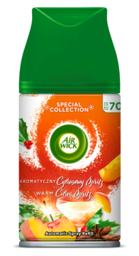 Air Wick Warm Citrus Spritz, wkład do automatycznego odświeżacza, zielony z pomarańczowo-czerwoną etykietą, widok z przodu.