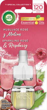 Air Wick Sparkling Rose & Raspberry scented oil refill. Pink package with essential oils detail.