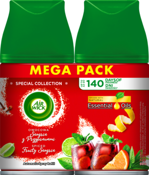 Dwupak wkładów Air Wick Sangria Mega Pack. Czerwone etykiety, zielone nakrętki, owoce i drinki na przodzie.