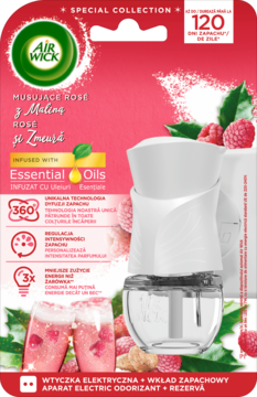 Elektryczny odświeżacz Air Wick Essential Oils w opakowaniu: zapach róża i malina, biała wtyczka z wkładem.