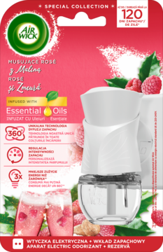 Elektryczny odświeżacz Air Wick Essential Oils w opakowaniu: zapach róża i malina, biała wtyczka z wkładem.