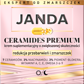 JANDA CERAMIDES PREMIUM suplementacyjny krem na przebarwienia i zmarszczki, różowo-złote opakowanie, widok z przodu.