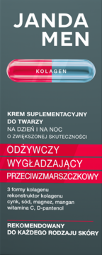 Janda Men kolagenowy krem do twarzy przeciwzmarszczkowy. Szare opakowanie z czerwoną i niebieską kapsułką, front.