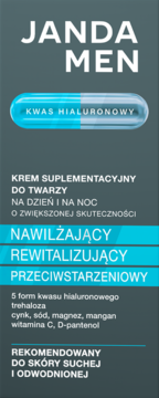 Janda Men krem nawilżający i przeciwstarzeniowy z kwasem hialuronowym. Ciemnoszare opakowanie, widok przodu.