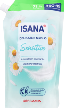 Isana Sensitive Delikatne Mydło z rumiankiem, opakowanie uzupełniające 850ml, do skóry wrażliwej, widok z przodu.