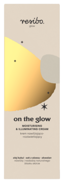 Beżowe opakowanie kremu nawilżająco-rozświetlającego Resibo On The Glow ze złotą, lśniącą grafiką i czarnym napisem.