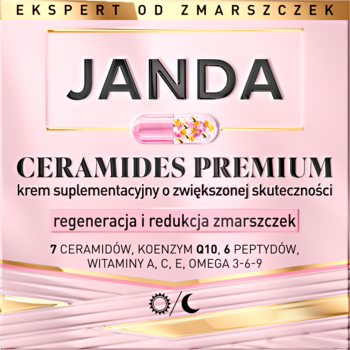 Różowe opakowanie kremu JANDA CERAMIDES PREMIUM, z napisem o regeneracji i redukcji zmarszczek, widok z przodu.