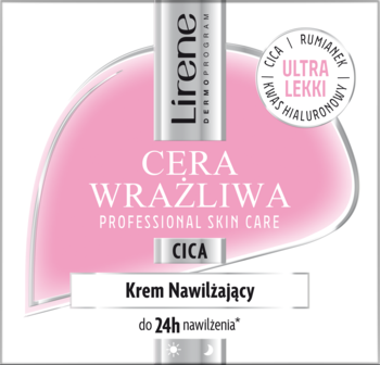 Grafika opakowania kremu Lirene Cera Wrażliwa. Biało-różowy design, cica, kwas hialuronowy. Ultra lekki krem nawilżający.
