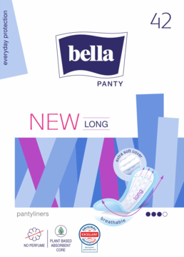 Opakowanie Bella Panty New Long pantyliners, białe, z fioletowo-niebieskim wzorem i wizualizacją oddychającej wkładki.