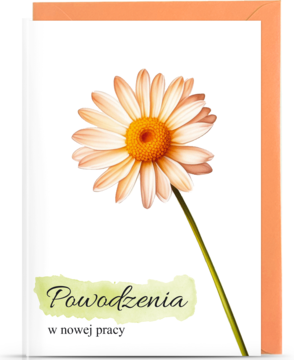 Kartka okolicznościowa Powodzenia w nowej pracy z jasną stokrotką i pomarańczową kopertą, widok z przodu.