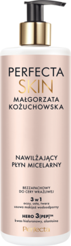 Perfecta Skin nawilżający płyn micelarny, biała butelka z pompką, widok z przodu, złote detale.