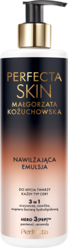 Perfecta Skin nawilżająca emulsja do mycia twarzy 3w1, biała butelka z czarną etykietą i złotym napisem, widok z przodu.