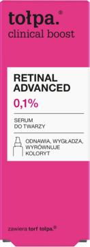 Pionowe pudełko serum Tołpa Clinical Boost Retinal 0,1% w kolorze fuksji, z białym panelem z przodu.