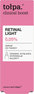Różowe opakowanie serum Tołpa Clinical Boost Retinal Light 0,05% do twarzy, odnawia i wygładza.