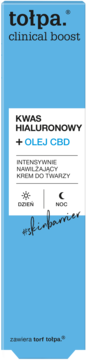 Front niebieskiego opakowania tołpa. clinical boost: krem do twarzy z kwasem hialuronowym i olejem CBD.