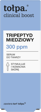 Serum Tołpa clinical boost z tripeptydem miedziowym 300 ppm, niebieskie opakowanie, widok z przodu. Stymuluje skórę.