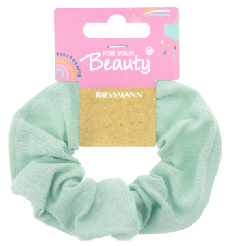 Pastelowa miętowa gumka do włosów For Your Beauty, delikatna, widoczna z przodu z metką Rossmann.