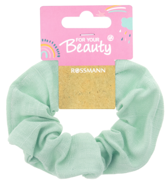 Pastelowa miętowa gumka do włosów For Your Beauty, delikatna, widoczna z przodu z metką Rossmann.