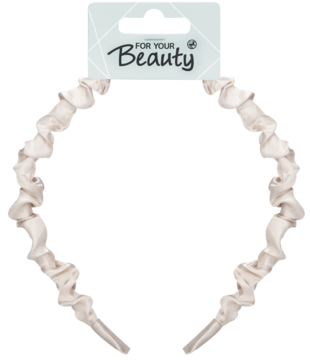 Beżowa marszczona opaska do włosów z metką "FOR YOUR Beauty", widok z przodu na białym tle.
