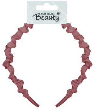 Pastelowo-różowa opaska do włosów For Your Beauty z marszczonego materiału, na wprost z opakowaniem.