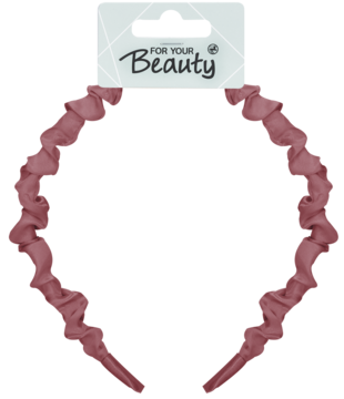 Pastelowo-różowa opaska do włosów For Your Beauty z marszczonego materiału, na wprost z opakowaniem.