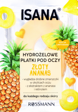 Isana Hydrożelowe Płatki pod Oczy Złoty Ananas, opakowanie z owocowymi grafikami i złotym napisem, wygładzające.