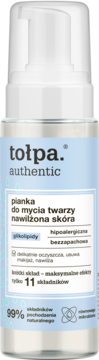 Tołpa Authentic nawilżająca pianka do mycia twarzy z glikolipidami, biała butelka, widok z przodu.