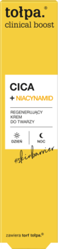 Żółte pudełko Tołpa Clinical Boost CICA + Niacynamid Krem regenerujący do twarzy, na dzień i noc, widok z przodu.