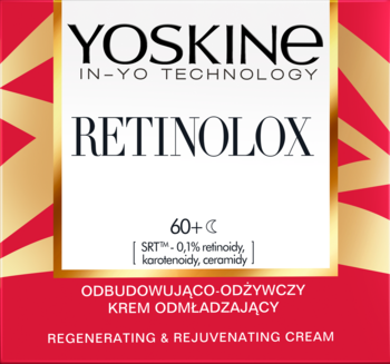 YOSKINE RETINOLOX krem odmładzający 60+ w białym pudełku ze złotym panelem i czerwonymi brzegami.