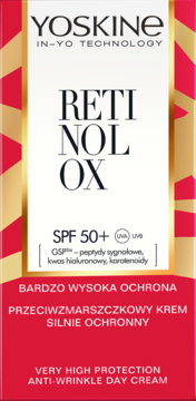 YOSKINE Retinol OX krem na dzień SPF 50+, przeciwzmarszczkowy, biało-złoto-czerwone opakowanie, widok z przodu.