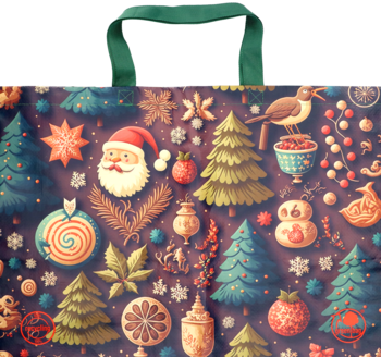 Torba na zakupy z bożonarodzeniowym wzorem: Mikołaj, choinki, gwiazdki, bombki, zielony uchwyt.