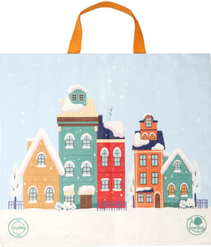 Torba na zakupy z zimowym motywem kolorowych kamieniczek pokrytych śniegiem, na jasnym tle, widok z przodu.