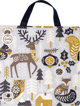 Trwała torba na zakupy z nordyckim motywem świątecznym: jeleń, lis, sowa, choinki i złote ornamenty na szarym tle.