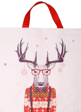 Biała torba na zakupy z bożonarodzeniowym jeleniem w okularach i świątecznym swetrze, widok z przodu.