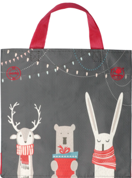 Torba na zakupy z motywem świątecznym. Szara, z reniferem, misiem z prezentem i królikiem, girlanda lampek. Widok frontalny.