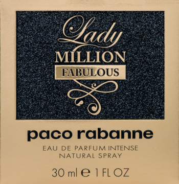 Złote, kartonowe opakowanie perfum Paco Rabanne Lady Million Fabulous 30 ml z błyszczącym czarnym panelem.