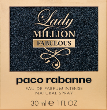 Paco Rabanne Lady Million Fabulous EDP 30ml, złoto-czarne pudełko z brokatowym panelem i złotymi napisami, widok z przodu.