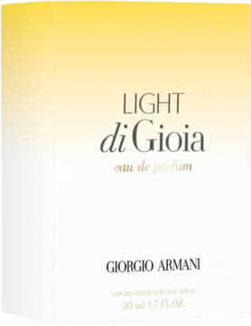 Woda perfumowana Giorgio Armani Light Di Gioia 50ml, białe pudełko z żółtym gradientem, widok z przodu.