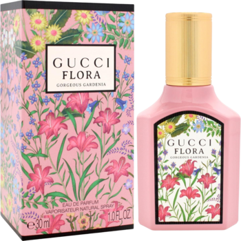 Woda perfumowana Gucci Flora Gorgeous Gardenia: różowy flakon ze złotą nakrętką i pudełko, widok z przodu, kwiatowy wzór.