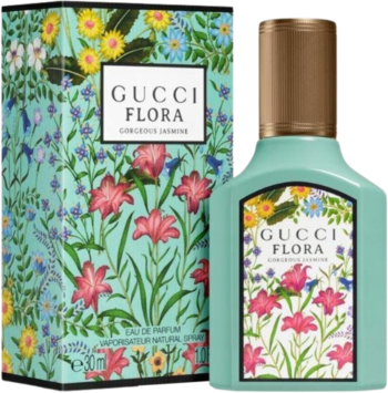 Perfumy Gucci Flora Gorgeous Jasmine EDP, turkusowa butelka i pudełko z kolorowym kwiatowym wzorem obok.