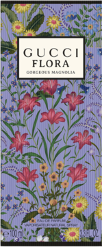 Gucci Flora Gorgeous Magnolia, pionowe fioletowe pudełko perfum z liliami i kwiatowym wzorem, widok z przodu.