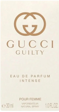 Gucci Guilty Intense damska woda perfumowana 30ml, beżowe pudełko ze złotym logo GG i napisami, widok z przodu.
