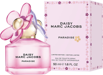 Perfumy Daisy Marc Jacobs Paradise w różowym flakonie z dużą kwiecistą nakrętką, obok pasujące pudełko 50 ml.